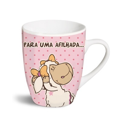 Caneca rosa com texto e desenho de ovelha