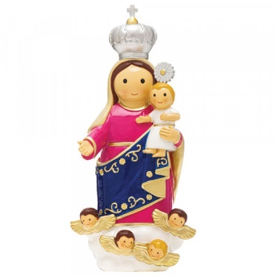 Estatueta religiosa colorida com figura feminina e criança, coroas e anjos