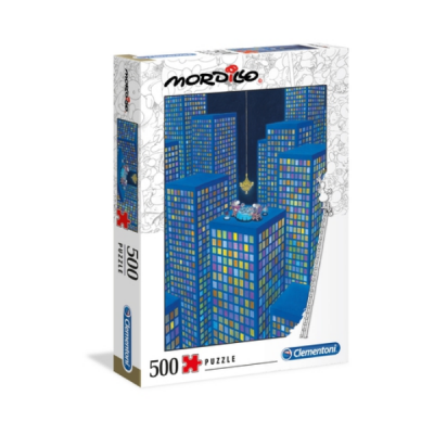 Caixa de quebra-cabeças Mordisco 500 peças Clementoni com edifícios azuis iluminados à noite