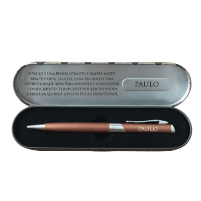 Estojo metálico cinzento com caneta castanha personalizada com o nome PAULO