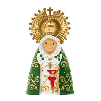 Figura decorativa de Nossa Senhora com vestido verde e coroa dourada