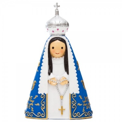 Estátua decorativa de Nossa Senhora com manto azul e coroa prateada