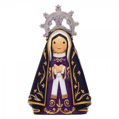 Figura decorativa de Nossa Senhora com vestido roxo e auréola prateada