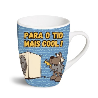 Caneca com texto e ilustração de cão a tocar guitarra