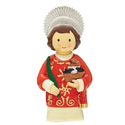 Figura decorativa de personagem com túnica vermelha e auréola prateada.