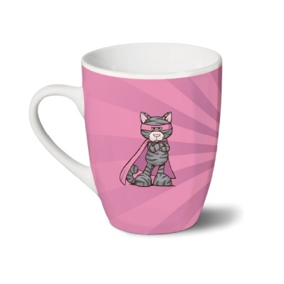 Caneca rosa com desenho de gato super-herói cinzento e capa rosa