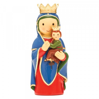 Estatueta de Nossa Senhora com Menino Jesus em cerâmica, ambos com coroas douradas.