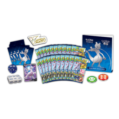 Pack de cartas Pokémon com vários pacotes, dados, fichas e guia de jogadores