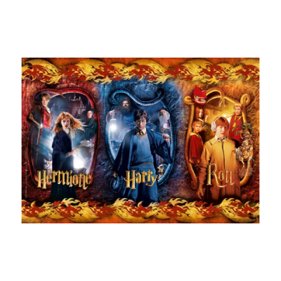 Imagem dos personagens Hermione, Harry e Ron em molduras decorativas com seus nomes