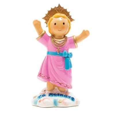 Figura decorativa menino Jesus rosa com cinto azul e base com texto