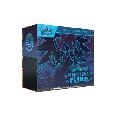 Caixa azul de Pokémon Elite Trainer Box com arte de Charizard e texto Mega Evolution Phantasmal Flames