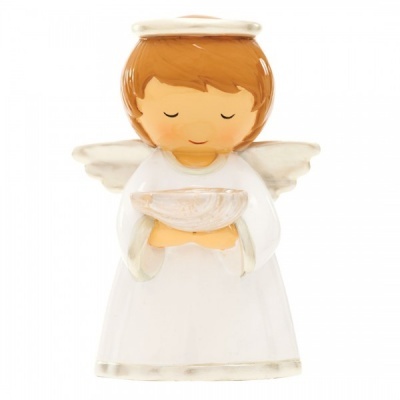 Figura decorativa de anjo em cerâmica branca com auréola e prato