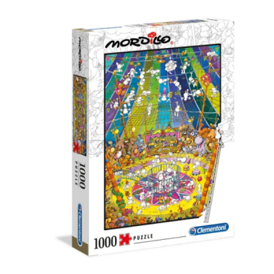 Caixa de puzzle de 1000 peças com tema de circo colorido da marca Clementoni