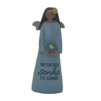 Estatueta de anjo azul com flores amarelas e texto inspirador