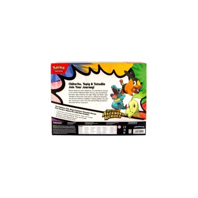 Embalagem do jogo Pokémon TCG com personagens Chikorita, Tepig e Totodile coloridos