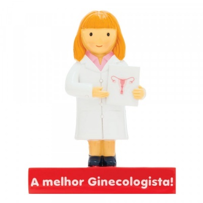 Figura decorativa de médica ginecologista com base vermelha e texto
