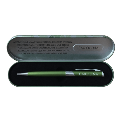 Conjunto caneta verde metálica com estojo metálico prateado e texto em português