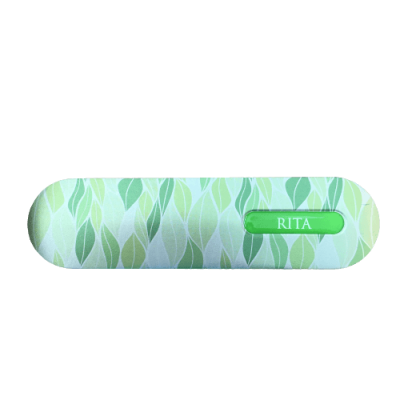 Estojo de óculos verde com padrão de folhas e nome 'RITA'