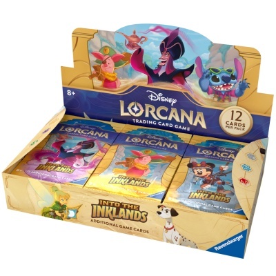 Expositor de cartas Disney Lorcana Trading Card Game com pacotes coloridos e personagens no design