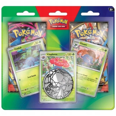 Pack de cartas Pokémon com cartas Oddish, Gloom, Vileplume e medalha metálica em embalagem colorida.