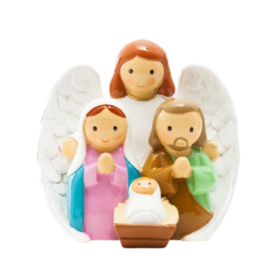 Estatuetas da Natividade com anjo, Maria, José e bebé Jesus.