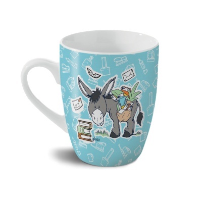 Caneca branca com desenhos de burro e ícones em azul e branco