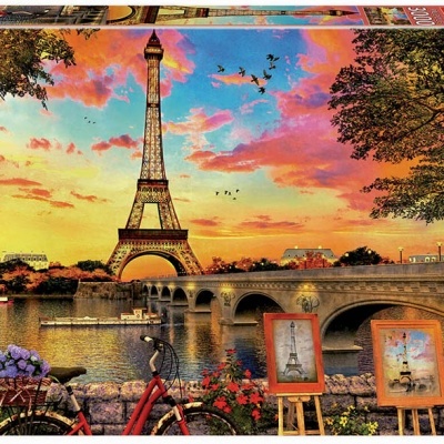 Caixa de puzzle com imagem da Torre Eiffel e bicicletas ao pôr do sol