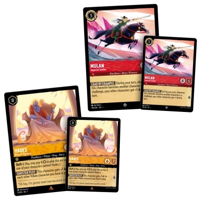 Quatro cartas de jogo com personagens animados Mulan e Hades e texto em inglês