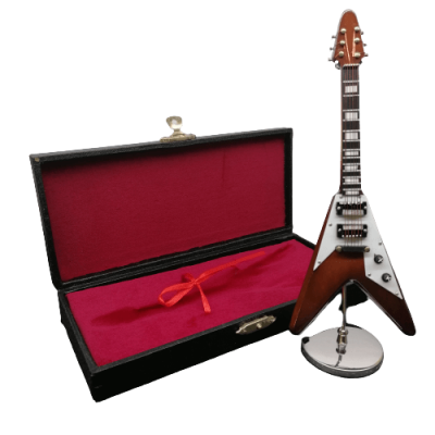 Miniatura de guitarra elétrica castanha com caixa estojo preta e vermelho