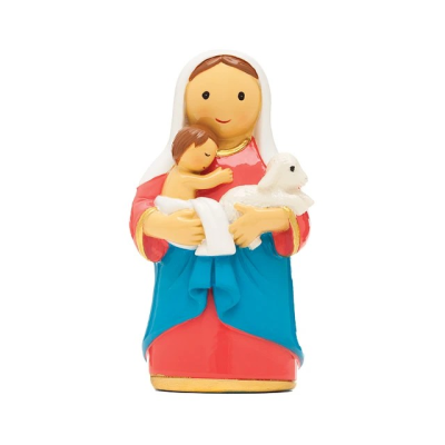 Figurina de mulher com criança e ovelha em resina colorida