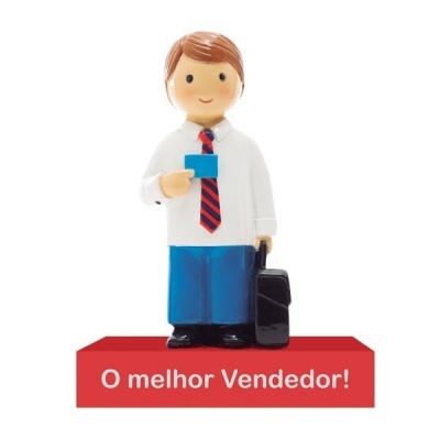 Figurinha de vendedor com gravata e base vermelha