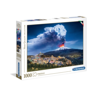 Caixa de puzzle de 1000 peças com imagem de vulcão em erupção e cidade à noite.