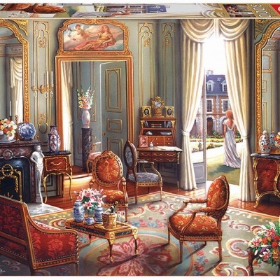 Caixa de puzzle EDUCA 3000 peças com imagem de sala de estar clássica decorada