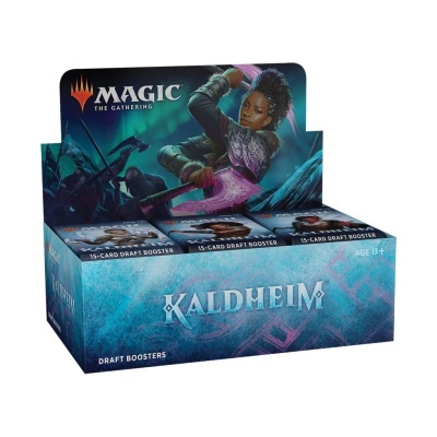 Caixa de boosters Magic The Gathering Kaldheim azul com personagem e texto visível