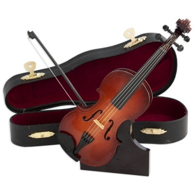 Violino de madeira castanha com arco e case preto forrado a vermelho
