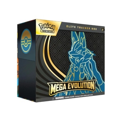 Caixa Pokémon Trading Card Game Mega Evolution Elite Trainer Box preta com detalhes dourados e azul
