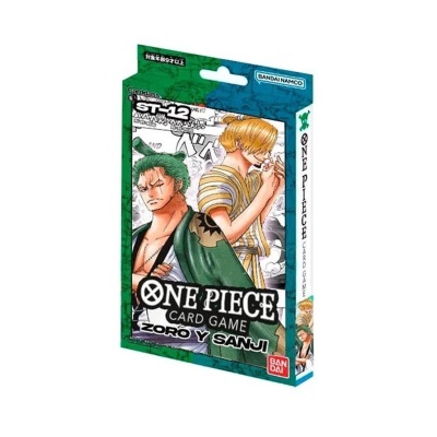 Embalagem do jogo de cartas One Piece com personagens Zoro e Sanji