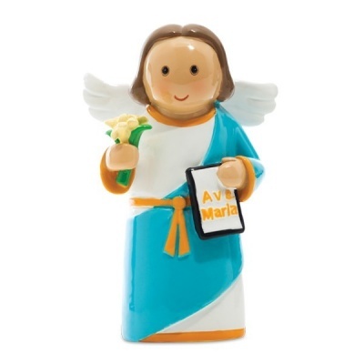 Figurina de anjo cerâmica azul e branco com flores e tablet texto 'AVE Maria'