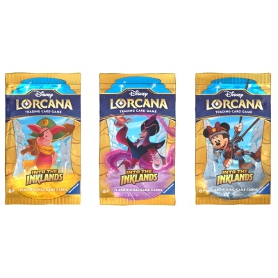 Pacotes de cartas Disney Lorcana Into the Inklands com personagens coloridos
