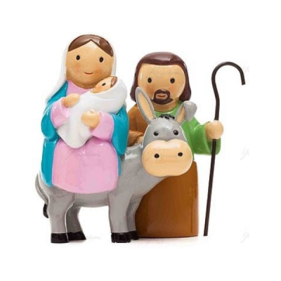 Figuras natalícias coloridas de Maria, José, bebé Jesus e burro