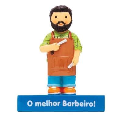 Figura decorativa de barbeiro com avental e base azul com texto