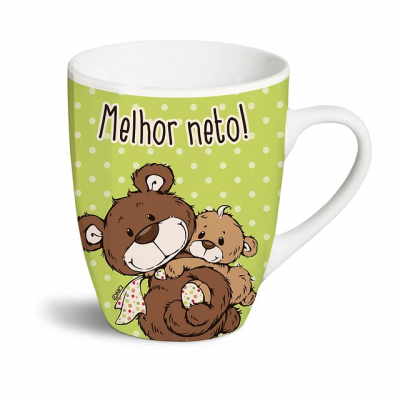 Caneca branca com ilustração de ursos e texto 'Melhor neto!' em fundo verde com bolinhas brancas