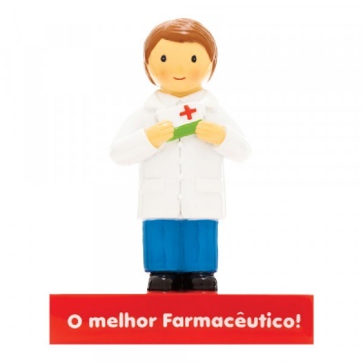 Figurinha de farmacêutico com bata branca e base vermelha com texto