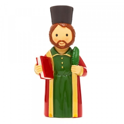 Figura decorativa de cerâmica com chapéu preto, casaco vermelho e vestido verde