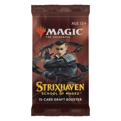 Pacote de booster Magic: The Gathering Strixhaven School of Mages com ilustração de personagem e texto. 