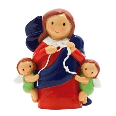 Estátua cerâmica figura feminina com anjos pequenos e asas brancas