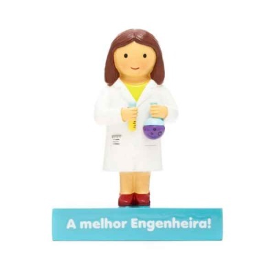 Figura em plástico de mulher engenheira com objetos de laboratório