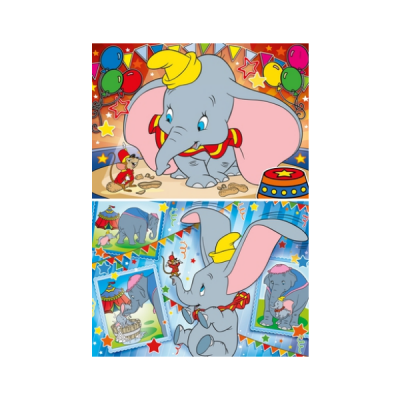 desenho do elefante Dumbo em cenário de circo colorido com balões e estrelas