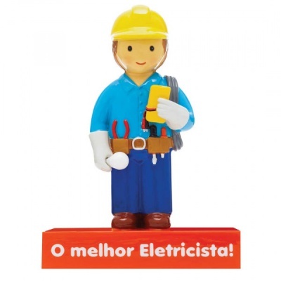 Figura de eletricista com capacete amarelo e base vermelha com texto