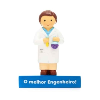 Figura decorativa de engenheiro com tubos de ensaio e base azul com texto